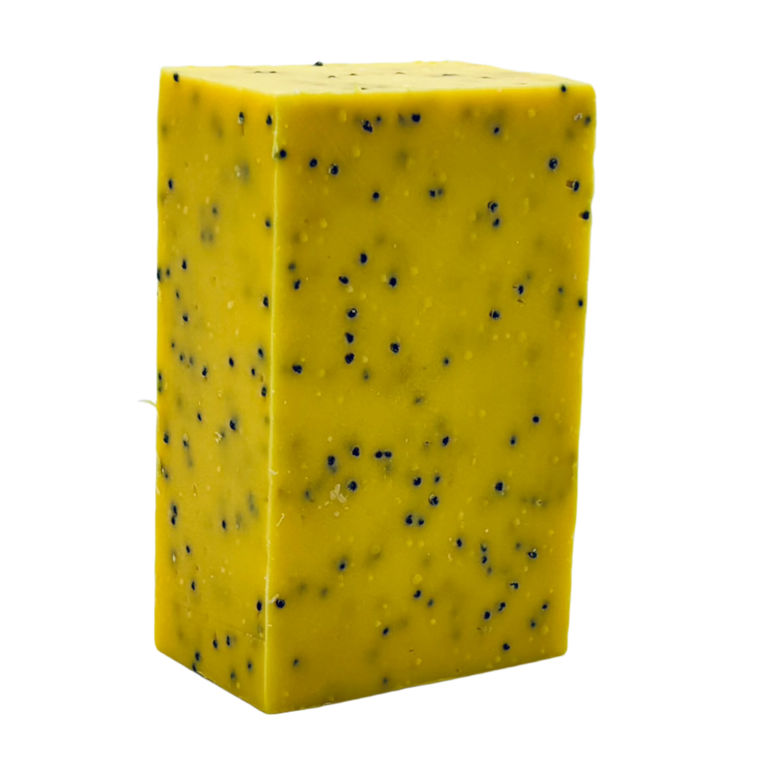 A rectangular bar of yellow soap with small black specks embedded throughout, shown on a plain white background.