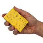 A hand holding a rectangular yellow soap bar speckled with small black seeds, isolated on a white background.
