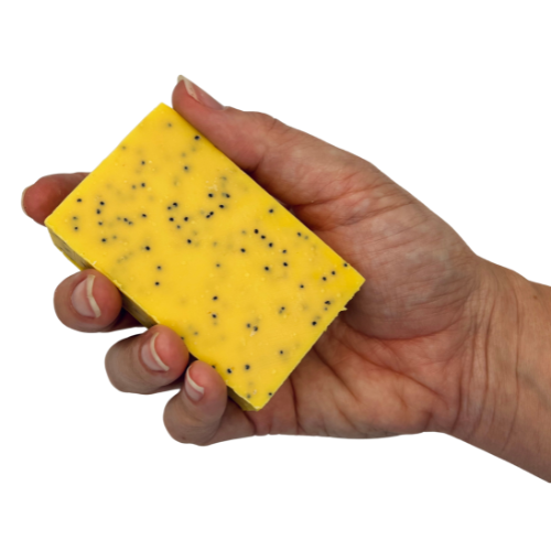 A hand holding a rectangular yellow soap bar speckled with small black seeds, isolated on a white background.