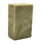 A rectangular bar of handmade soap with a swirled olive green and beige pattern, shown on a plain white background.