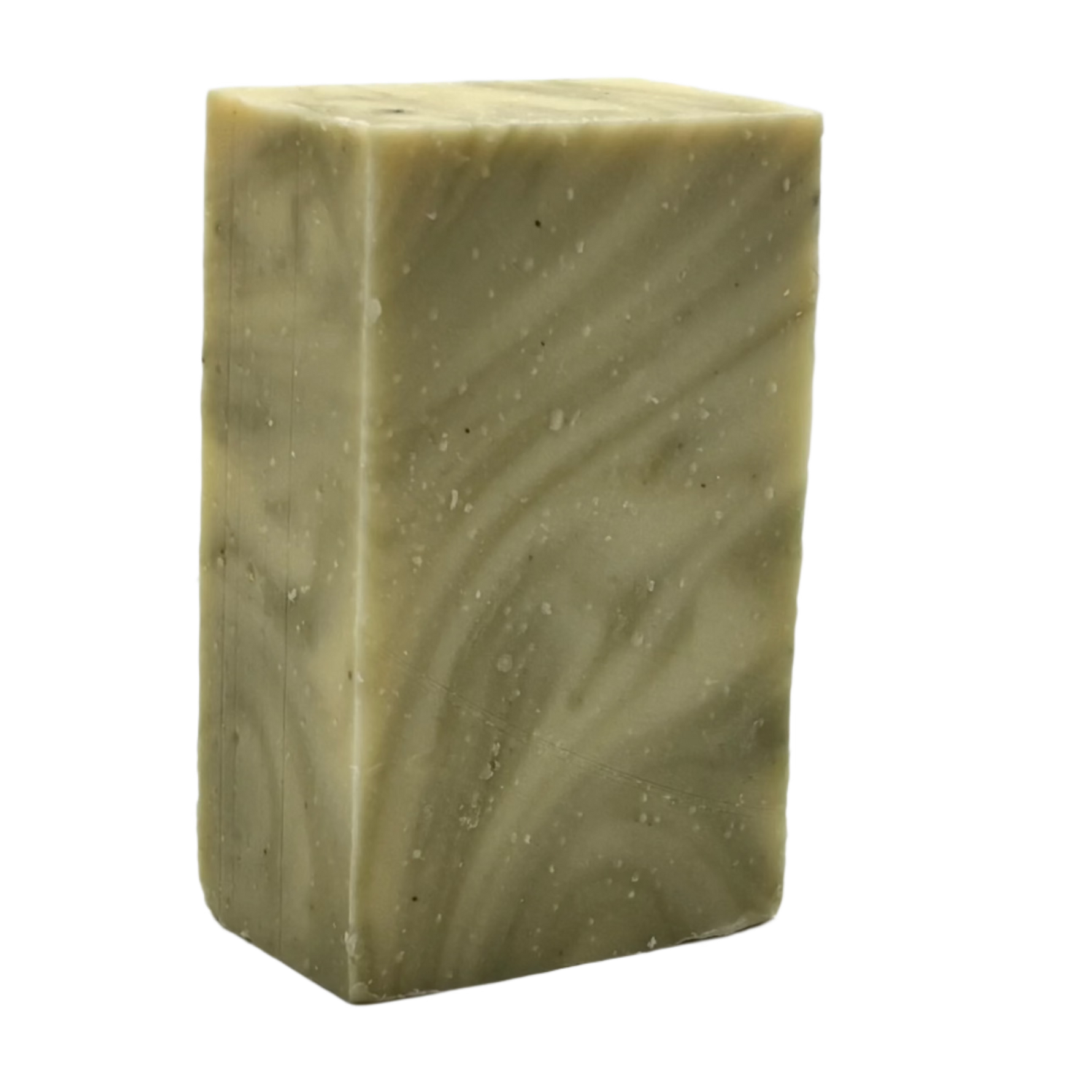 A rectangular bar of handmade soap with a swirled olive green and beige pattern, shown on a plain white background.