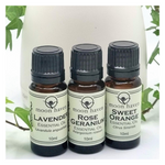 Amber 10 ml  bottle labelled lavender, rose geranium, sweet orange essential Oil 